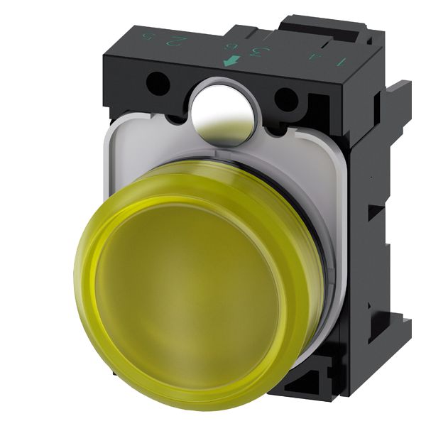 Indicator light, 22mm, round, plastic, yellow, smooth lens, with holder, led module, with integrated led 110V AC, spring-type terminal