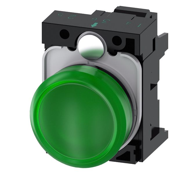 Indicator light, 22mm, round, plastic, green, smooth lens, with holder, led module, with integrated led 24V AC/DC, spring-type terminal