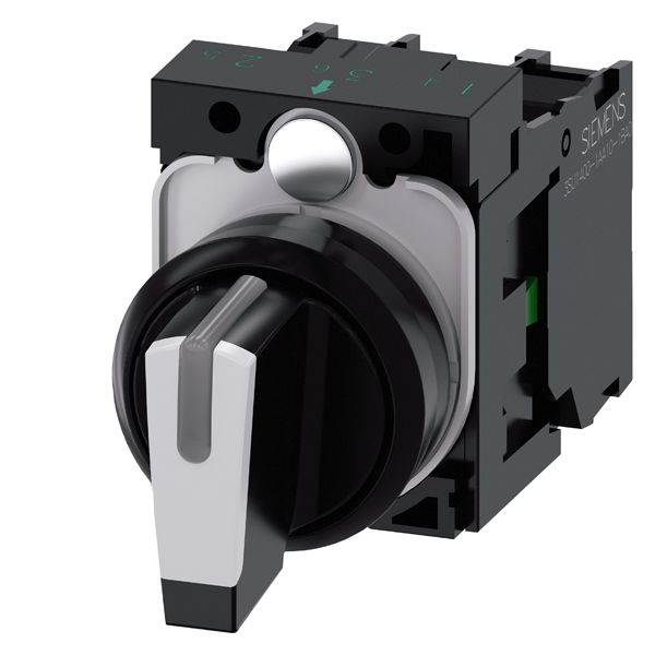 Selector switch, can be illum., 22mm, round, plastic, black, white, short selector switch, 3 switch positions i-o-ii, latching, 10 30h/12h/13 30h, with holder,1NO, 1NO, screw terminal