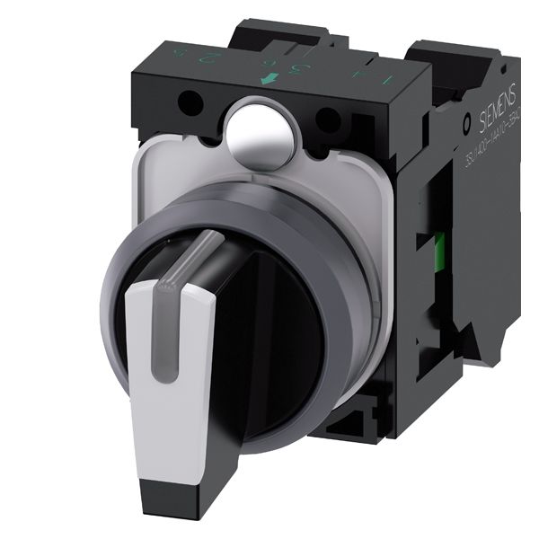 SELECTOR SWITCH, CAN BE ILLUM., 22MM, ROUND, PLASTIC WITH METAL FRONT RING, BLACK, WHITE, SHORT SELECTOR SWITCH, 3 SWITCH POSITIONS I-O-II, MOMENTARY CONTACT TYPE, ACTUATING ANGLE 2X45 DEG., 10 30H/12H/13 30H, WITH HOLDER, 1NO, 1NO, SCREW TERMINAL