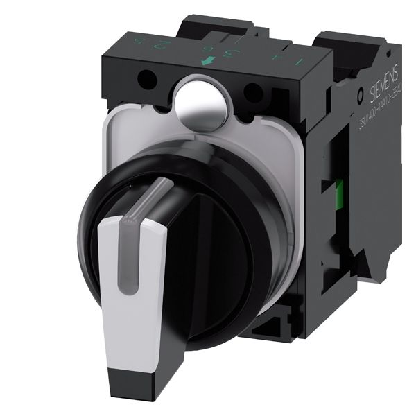 Selector switch, can be illum., 22mm, round, plastic, black, white, short selector switch, 3 switch positions i-o-ii, momentary contact type, 10 30h/12h/13 30h, with holder, 1NO, 1NO, spring-type terminal