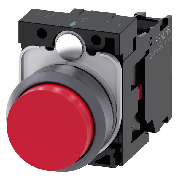 Pushbutton, 22mm, round, plastic with metal front ring, red, raised button, momentary contact type, with holder, 1NC, screw terminal