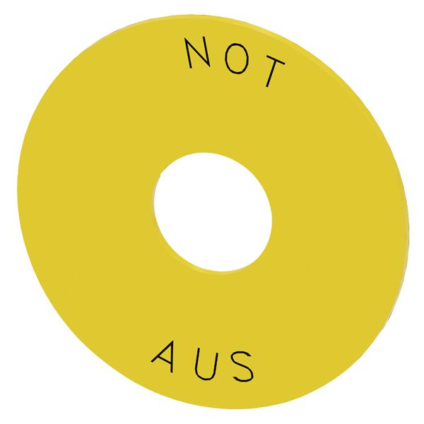 BACKING PLATE FOR EM. STOP, YELLOW, WITH INSCRIPTION NOT-AUS, EXTERNAL DIAMETER75MM, INTERNAL DIAMETER 22.5MM, THICKNESS 1MM