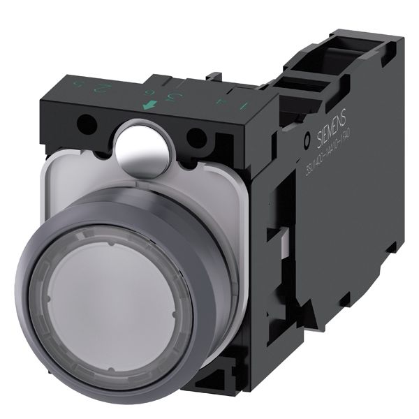 ILLUMINATED PUSHBUTTON. 22MM. ROUND. PLASTIC WITH METAL FRONT RING. CLEAR. FLATBUTTON. MOMENTARY CONTACT TYPE. WITH HOLDER. 1NO+1NC. LED MODULE. WITH INTEGRATED LED 110V AC. SCREW TERMINAL