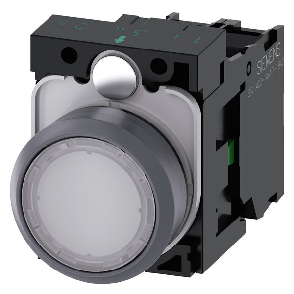 Illuminated pushbutton, 22mm, round, plastic with metal front ring, white, flatbutton, momentary contact type, with holder, 1NO, led module, with integrated led 24V AC/DC, screw terminal