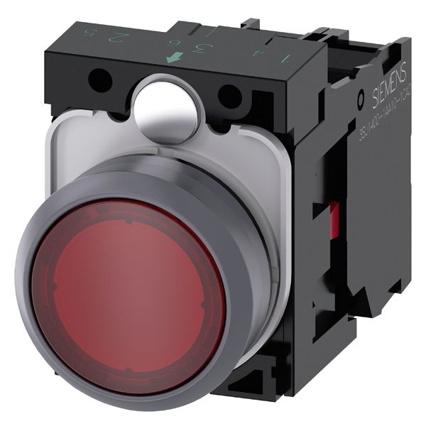 Illuminated pushbutton, 22mm, round, plastic with metal front ring, red, flat button, momentary contact type, with holder, 1NC, led module, with integrated led110V AC, screw terminal