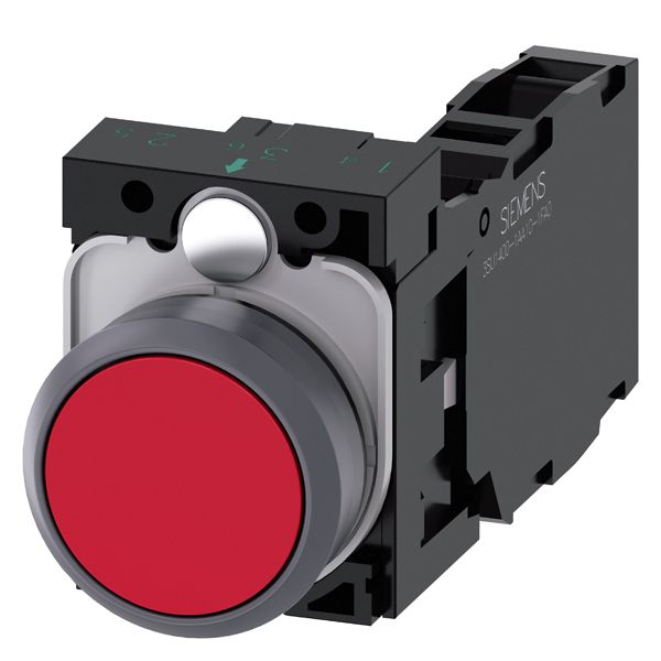 PUSHBUTTON. 22MM. ROUND. PLASTIC WITH METAL FRONT RING. RED. FLAT BUTTON. MOMENTARY CONTACT TYPE. WITH HOLDER. 1NO+1NC. SCREW TERMINAL