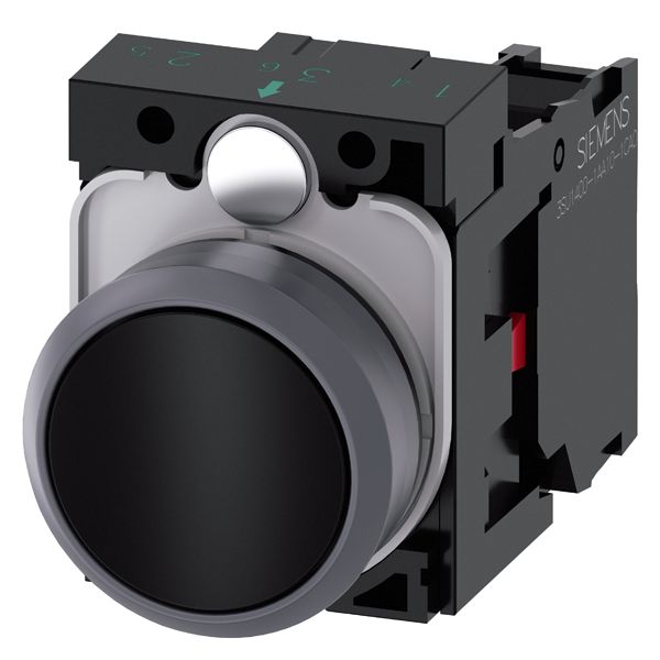 Pushbutton, 22mm, round, plastic with metal front ring, black, flat button, momentary contact type, with holder, 1NC, screw terminal