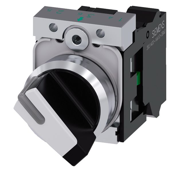 Selector switch, can be illum., 22mm, round, metal, shiny, black, white, short selector switch, 2 switch positions o-i, latching, actuating angle 90 deg., 10 30h/13 30h, with holder, 1NO, spring-type terminal
