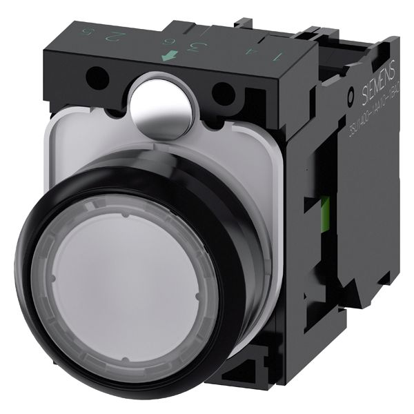 Illuminated pushbutton, 22mm, round, plastic, clear, flat button, momentary contact type, with holder, 1NO, led module, with integrated led 110V AC, screw terminal
