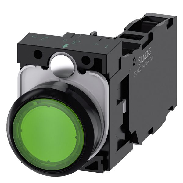 Illuminated pushbutton. 22mm. round. plastic. green. flat button. momentary contact type. with holder. 1NO+1NC. led module. with integrated led 110V AC. screw terminal