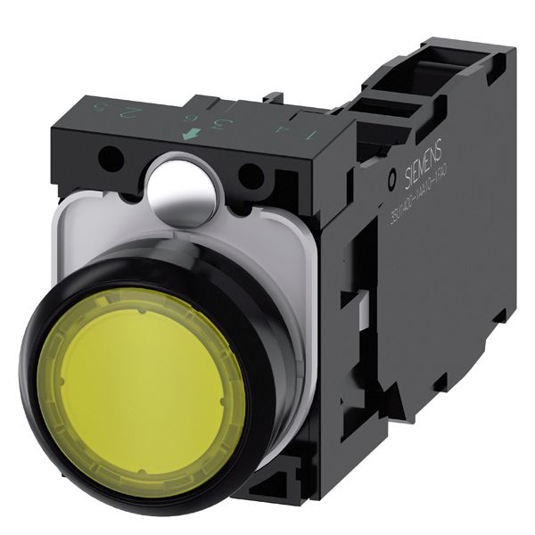 Illuminated pushbutton. 22mm. round. plastic. yellow. flat button. momentary contact type. with holder. 1NO+1NC. led module. with integrated led 110V AC. screwterminal