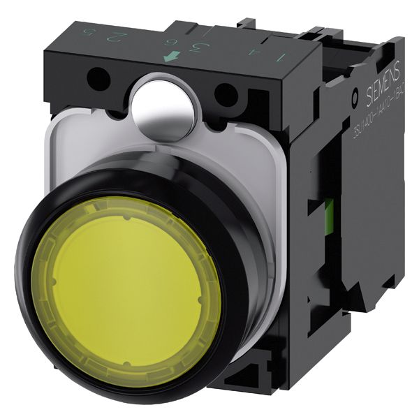 Illuminated pushbutton, 22mm, round, plastic, yellow, flat button, momentary contact type, with holder, 1NO, led module, with integrated led 24V AC/DC, screw terminal