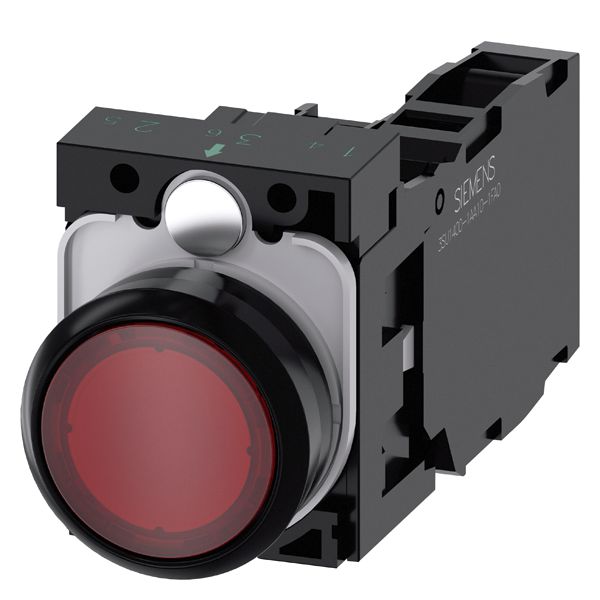 Illuminated pushbutton. 22mm. round. plastic. red. flat button. momentary contact type. with holder. 1NO+1NC. led module. with integrated led 110V AC. screw terminal