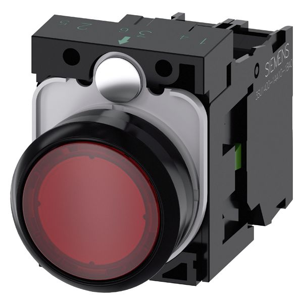 Illuminated pushbutton, 22mm, round, plastic, red, flat button, momentary contact type, with holder, 1NO, led module, with integrated led 24V AC/DC, screw terminal