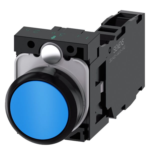 Pushbutton. 22mm. round. plastic. blue. flat button. momentary contact type. with holder 1NO+1NC. screw terminal.