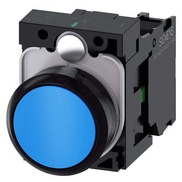 Pushbutton, 22mm, round, plastic, blue, flat button, momentary contact type, with holder 1NO, screw terminal