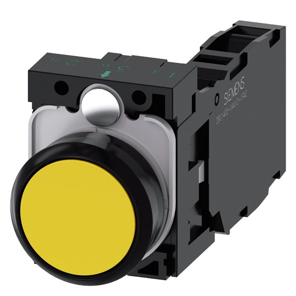 Pushbutton. 22mm. round. plastic. yellow. flat button. momentary contact type. with holder 1NO+1NC. screw terminal.