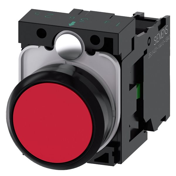 Pushbutton, 22mm, round, plastic, red, flat button, momentary contact type, with holder 1NO, screw terminal
