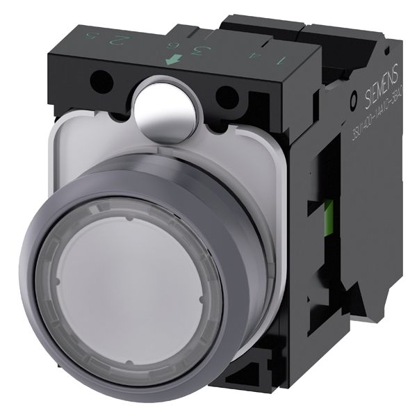 ILLUMINATED PUSHBUTTON, 22MM, ROUND, PLASTIC WITH METAL FRONT RING, CLEAR, FLATBUTTON, MOMENTARY CONTACT TYPE, WITH HOLDER, 1NO, LED MODULE, WITH INTEGRATED LED 24V AC/DC, SPRING-TYPE TERMINAL