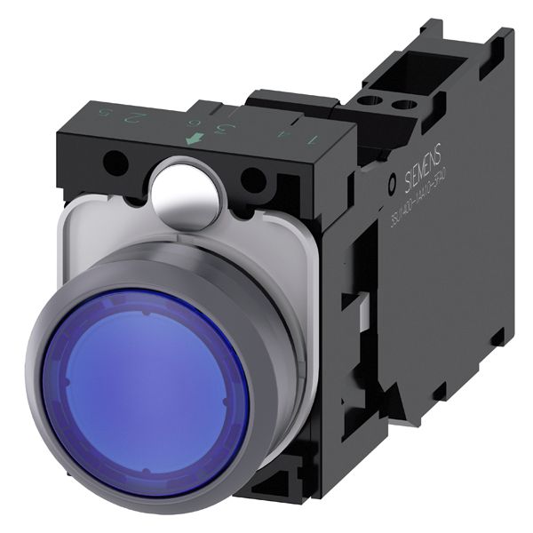 ILLUMINATED PUSHBUTTON. 22MM. ROUND. PLASTIC WITH METAL FRONT RING. BLUE. FLAT BUTTON. MOMENTARY CONTACT TYPE. WITH HOLDER. 1NO+1NC. LED MODULE. WITH INTEGRATED LED 24V AC/DC. SPRING-TYPE TERMINAL