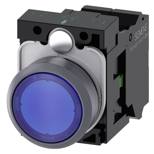 Illuminated pushbutton, 22mm, round, plastic with metal front ring, blue, flat button, momentary contact type, with holder, 1NO, led module, with integrated led 24V AC/DC, spring-type terminal