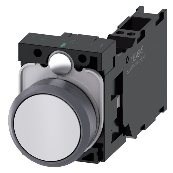 PUSHBUTTON. 22MM. ROUND. PLASTIC WITH METAL FRONT RING. WHITE. FLAT BUTTON. MOMENTARY CONTACT TYPE. WITH HOLDER. 1NO+1NC. SPRING-TYPE TERMINAL