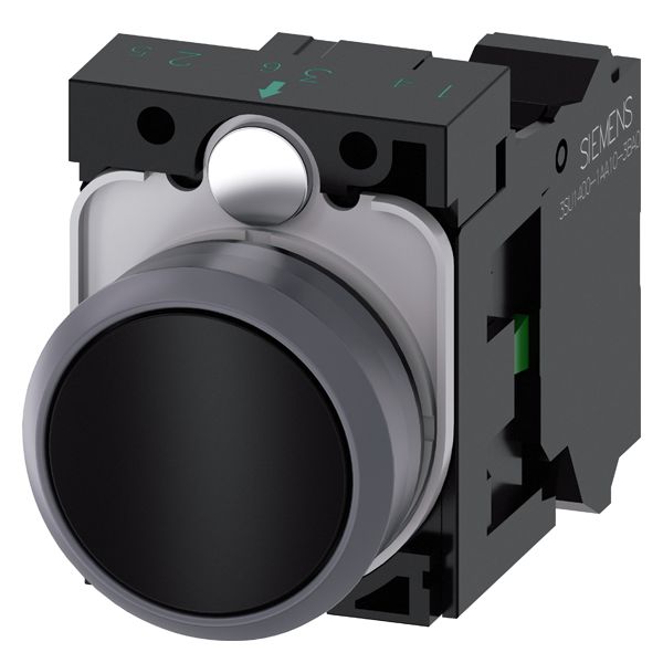 Pushbutton, 22mm, round, plastic with metal front ring, black, flat button, momentary contact type, with holder, 1NO, spring-type terminal