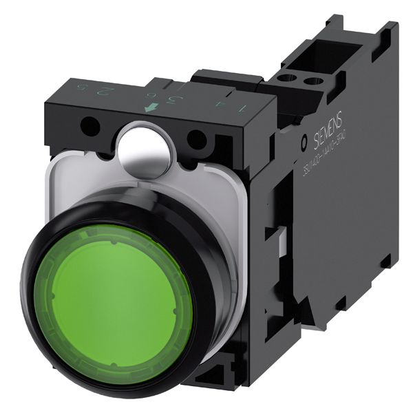 Illuminated pushbutton. 22mm. round. plastic. green. flat button. momentary contact type. with holder. 1NO+1NC. led module. with integrated led 24V AC/DC. spring-type terminal