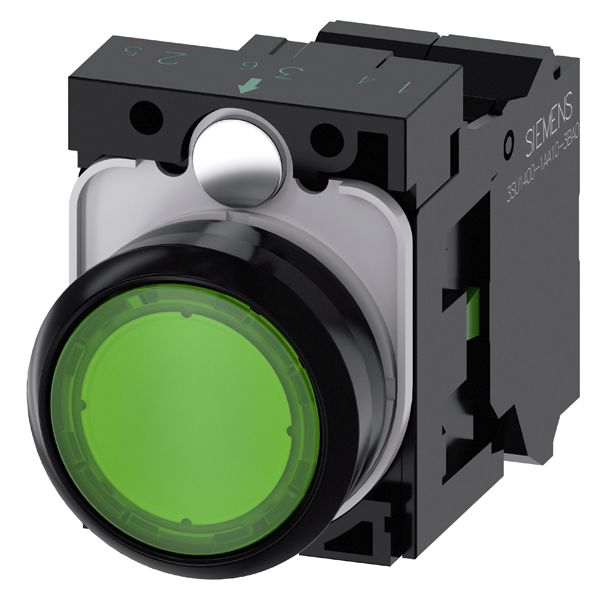 Illuminated pushbutton, 22mm, round, plastic, green, flat button, momentary contact type, with holder, 1NO, led module, with integrated led 24V AC/DC, spring-type terminal
