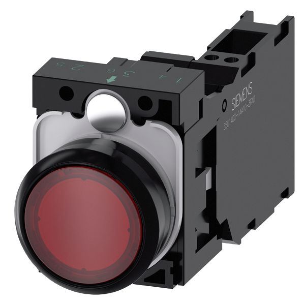 ILLUMINATED PUSHBUTTON. 22MM. ROUND. PLASTIC. RED. FLAT BUTTON. MOMENTARY CONTACT TYPE. WITH HOLDER. 1NO+1NC. LED MODULE. WITH INTEGRATED LED 24V AC/DC. SPRING-TYPE TERMINAL