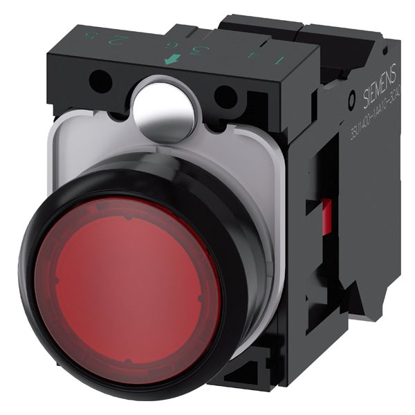 ILLUMINATED PUSHBUTTON, 22MM, ROUND, PLASTIC, RED, FLAT BUTTON, MOMENTARY CONTACT TYPE, WITH HOLDER, 1NC, LED MODULE, WITH INTEGRATED LED 230V AC, SPRING-TYPE TERMINAL