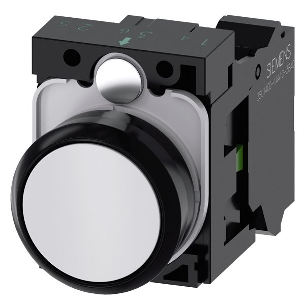 Pushbutton, 22mm, round, plastic, white, flat button, momentary contact type, with holder 1NO, spring-type terminal