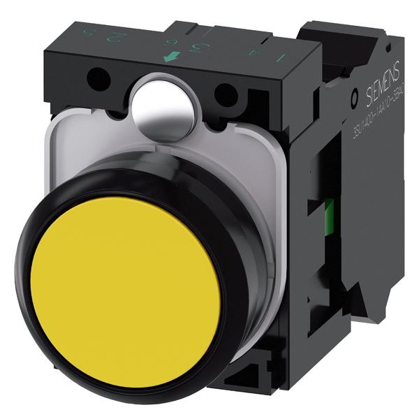 Pushbutton, 22mm, round, plastic, yellow, flat button, momentary contact type, with holder 1NO, spring-type terminal