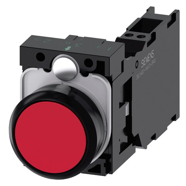PUSHBUTTON. 22MM. ROUND. PLASTIC. RED. FLAT BUTTON. MOMENTARY CONTACT TYPE. WITH HOLDER 1NO+1NC. SPRING-TYPE TERMINAL.