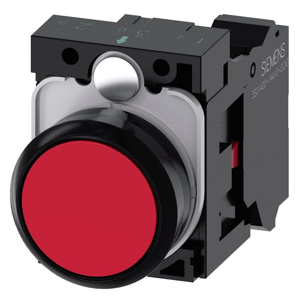 Pushbutton, 22mm, round, plastic, red, flat button, momentary contact type, with holder 1NC, spring-type terminal