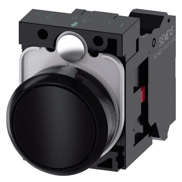 PUSHBUTTON, 22MM, ROUND, PLASTIC, BLACK, FLAT BUTTON, MOMENTARY CONTACT TYPE, WITH HOLDER 1NC, SPRING-TYPE TERMINAL