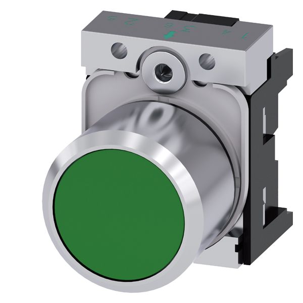 Pushbutton, compact, with extended stroke (12mm), 22mm, round, metal, green, flat button, momentary contact type, with holder