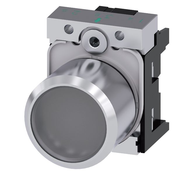 Illuminated pushbutton, comp., with extended stroke (12mm), 22mm, round, metal,clear, flat button, momentary contact type, with holder