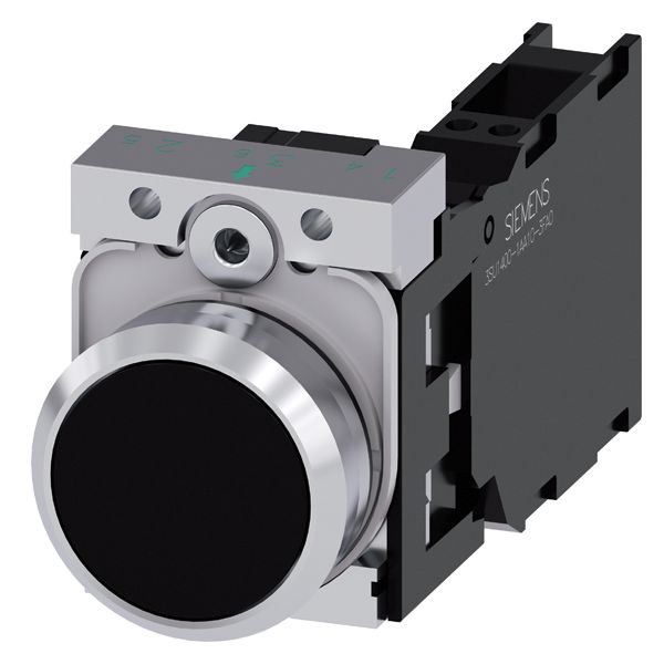 Pushbutton. 22mm. round. metal. shiny. black. flat button. momentary contact type. with holder. 1NO+1NC. spring-type terminal