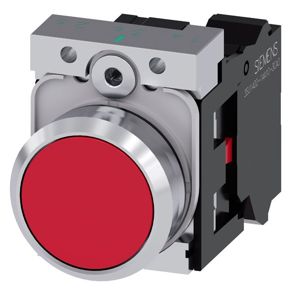 Pushbutton, 22mm, round, metal, shiny, red, flat button, momentary contact type, with holder, 1NC, spring-type terminal