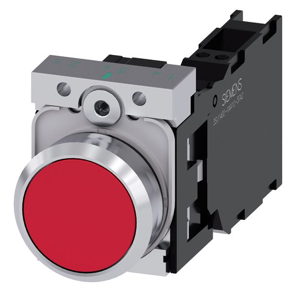 PUSHBUTTON. 22MM. ROUND. METAL. SHINY. RED. FLAT BUTTON. MOMENTARY CONTACT TYPE. WITH HOLDER. 1NO+1NC. SPRING-TYPE TERMINAL