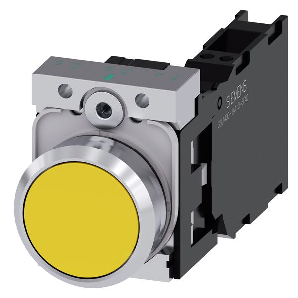 Pushbutton. 22mm. round. metal. shiny. yellow. flat button. momentary contact type. with holder. 1NO+1NC. spring-type terminal