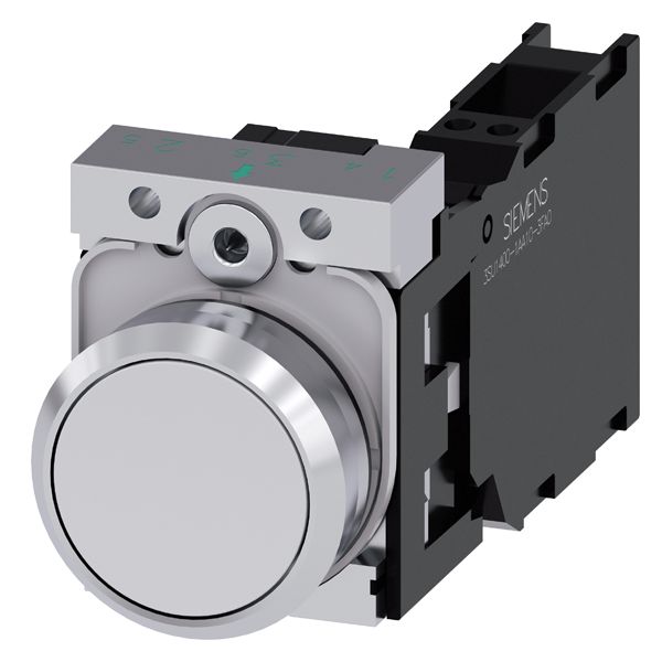 Pushbutton. 22mm. round. metal. shiny. white. flat button. momentary contact type. with holder. 1NO+1NC. spring-type terminal