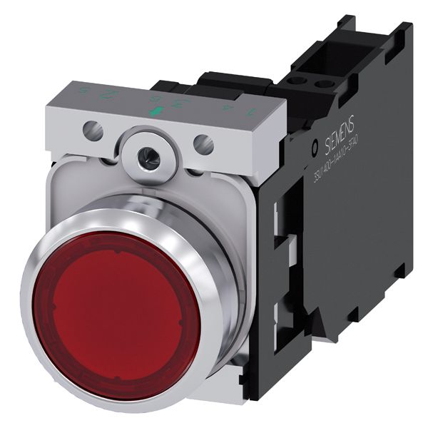 Illuminated pushbutton. 22mm. round. metal. shiny. red. flat button. momentary contact type. with holder. 1NO+1NC. led module. with integrated led 24V AC/DC. spring-type terminal
