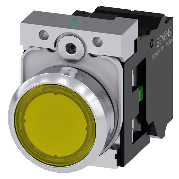 Illuminated pushbutton, 22mm, round, metal, shiny, yellow, flat button, momentary contact type, with holder, 1NO, led module, with integrated led 24V AC/DC, spring-type terminal