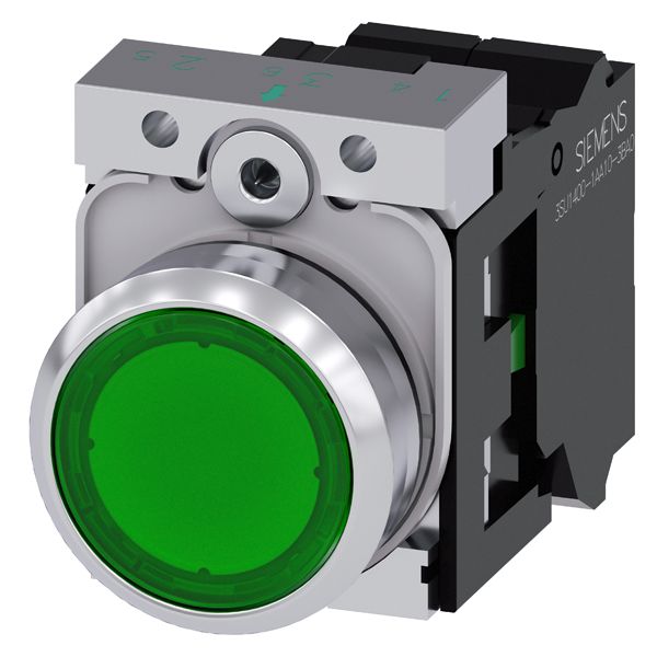 ILLUMINATED PUSHBUTTON, 22MM, ROUND, METAL, SHINY, GREEN, FLAT BUTTON, MOMENTARY CONTACT TYPE, WITH HOLDER, 1NO, LED MODULE, WITH INTEGRATED LED 230V AC, SPRING-TYPE TERMINAL