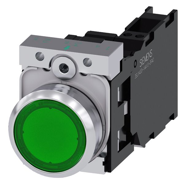 ILLUMINATED PUSHBUTTON. 22MM. ROUND. METAL. SHINY. GREEN. FLAT BUTTON. MOMENTARY CONTACT TYPE. WITH HOLDER. 1NO+1NC. LED MODULE. WITH INTEGRATED LED 230V AC. SPRING-TYPE TERMINAL