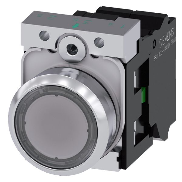 ILLUMINATED PUSHBUTTON, 22MM, ROUND, METAL, SHINY, CLEAR, FLAT BUTTON, MOMENTARY CONTACT TYPE, WITH HOLDER, 1NO, LED MODULE, WITH INTEGRATED LED 110V AC, SPRING-TYPE TERMINAL