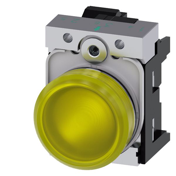 Indicator light, 22mm, round, metal, shiny, yellow, smooth lens, with holder, led module, with integrated led 24V AC/DC, spring-type terminal